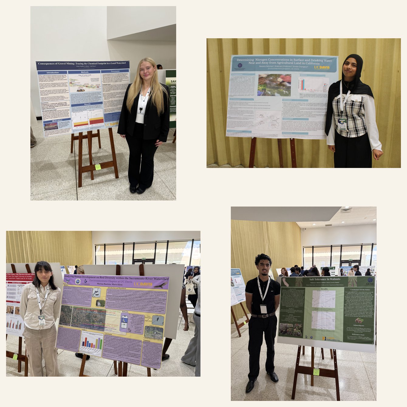 All four UC Davis students presenting their research posters at the fair in Panama